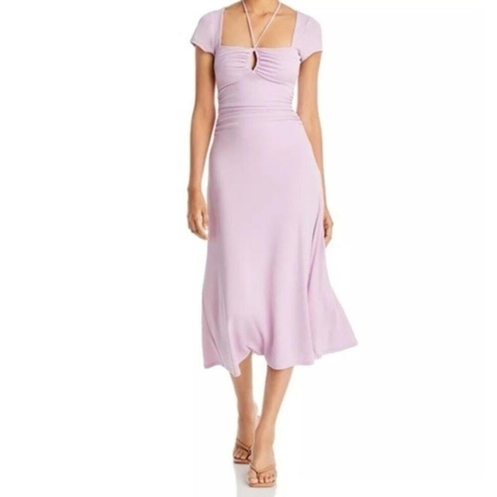 Cinq a Sept Janis Pale Iris Purple Stretch Crepe Ruched Short Sleeve Midi Dress